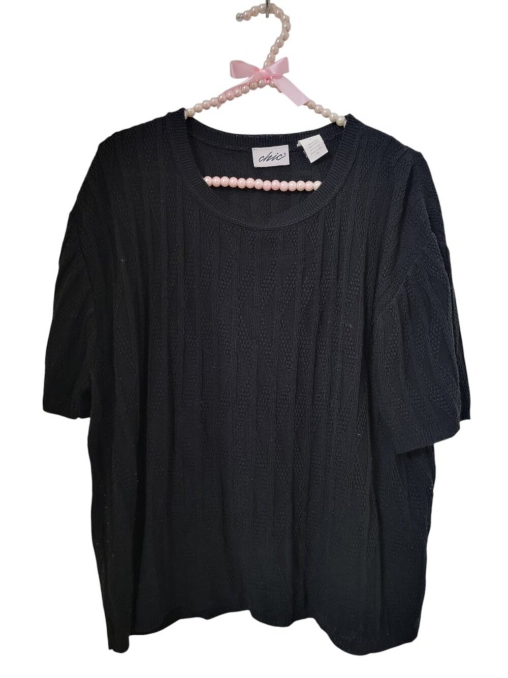 Chic Size 3X Black Short Sleeve Sweater with Ribbed/Textured Knit Pattern - Picture 1 of 9